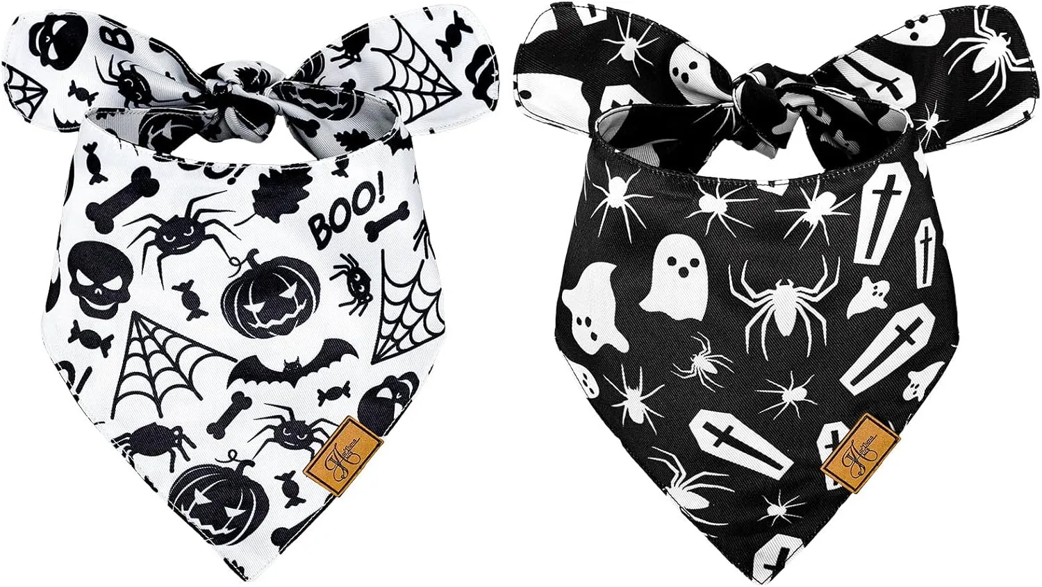 2 Pcs Halloween Dog Bandana Black White Ghost Spider Skull Bats Pumpkin Lantern Print Fabric Pet Scarf Medium Sizes Adjustable Pet Neckerchief for Boys Girls Halloween Costume Accessories