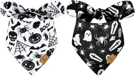 2 Pcs Halloween Dog Bandana Black White Ghost Spider Skull Bats Pumpkin Lantern Print Fabric Pet Scarf Medium Sizes Adjustable Pet Neckerchief for Boys Girls Halloween Costume Accessories