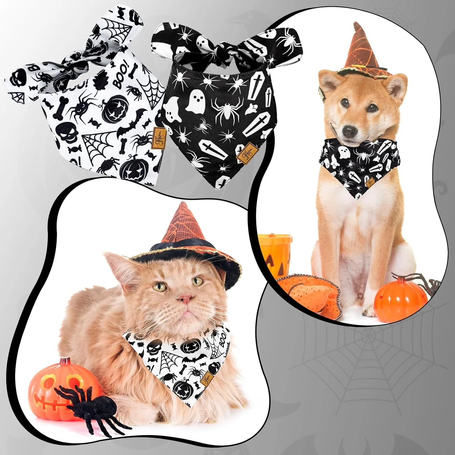 2 Pcs Halloween Dog Bandana Black White Ghost Spider Skull Bats Pumpkin Lantern Print Fabric Pet Scarf Medium Sizes Adjustable Pet Neckerchief for Boys Girls Halloween Costume Accessories