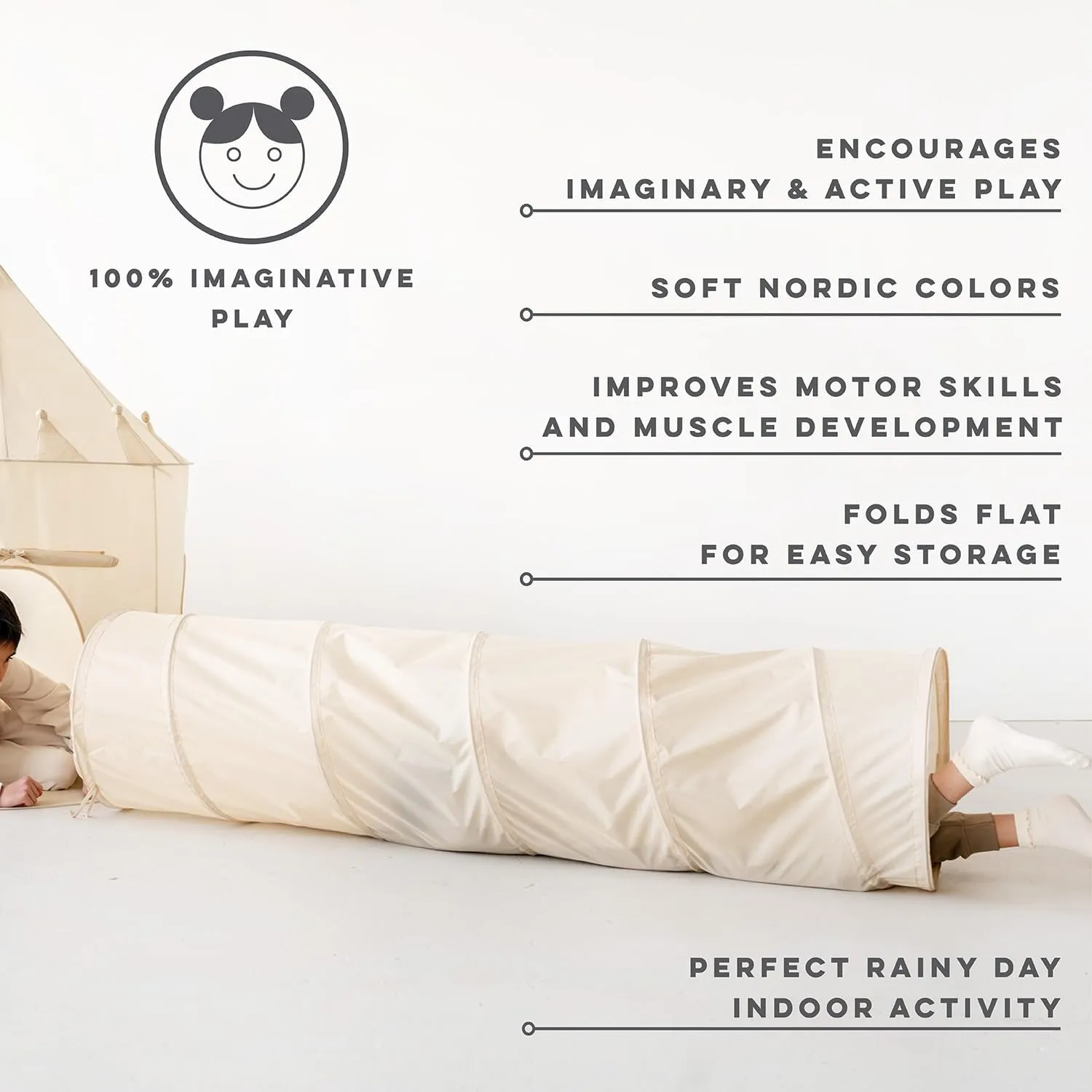 3 Sprouts Kids Play Tunnel - Pop Up Collapsible Tunnels with Recycled Fabric - Fun Crawling Tunnel for Toddler, Baby, Children to Crawl Through, Gross Motor Toy for Indoor Play - Beige