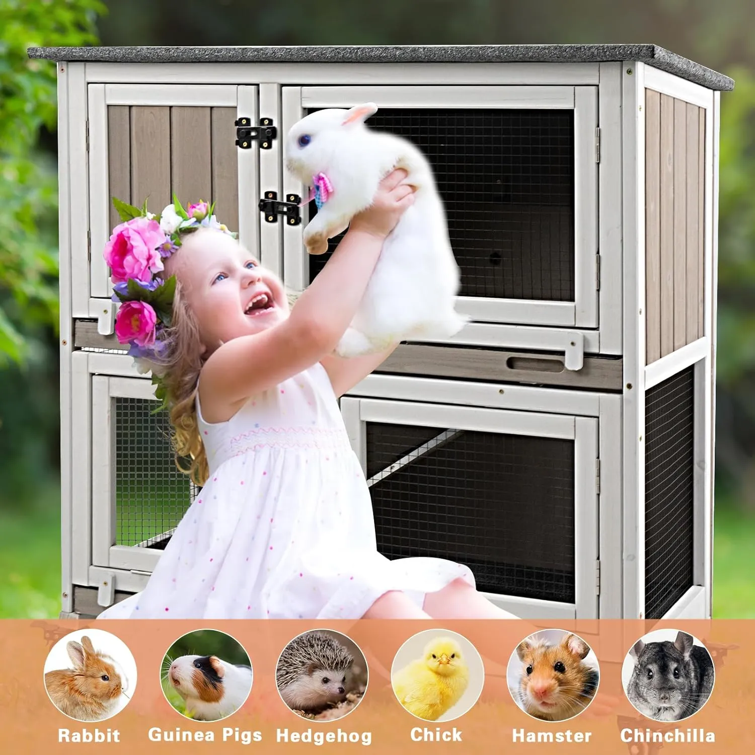 36" L Rabbit Hutch Indoor Wooden 2 Story Bunny Hutch Rabbit Cage Outdoor Bunny Cage on 4 Metal Wheels and 2 Deeper Pull Out Trays, Ramp, Guinea Pig Pet House for Small Animals, Grey