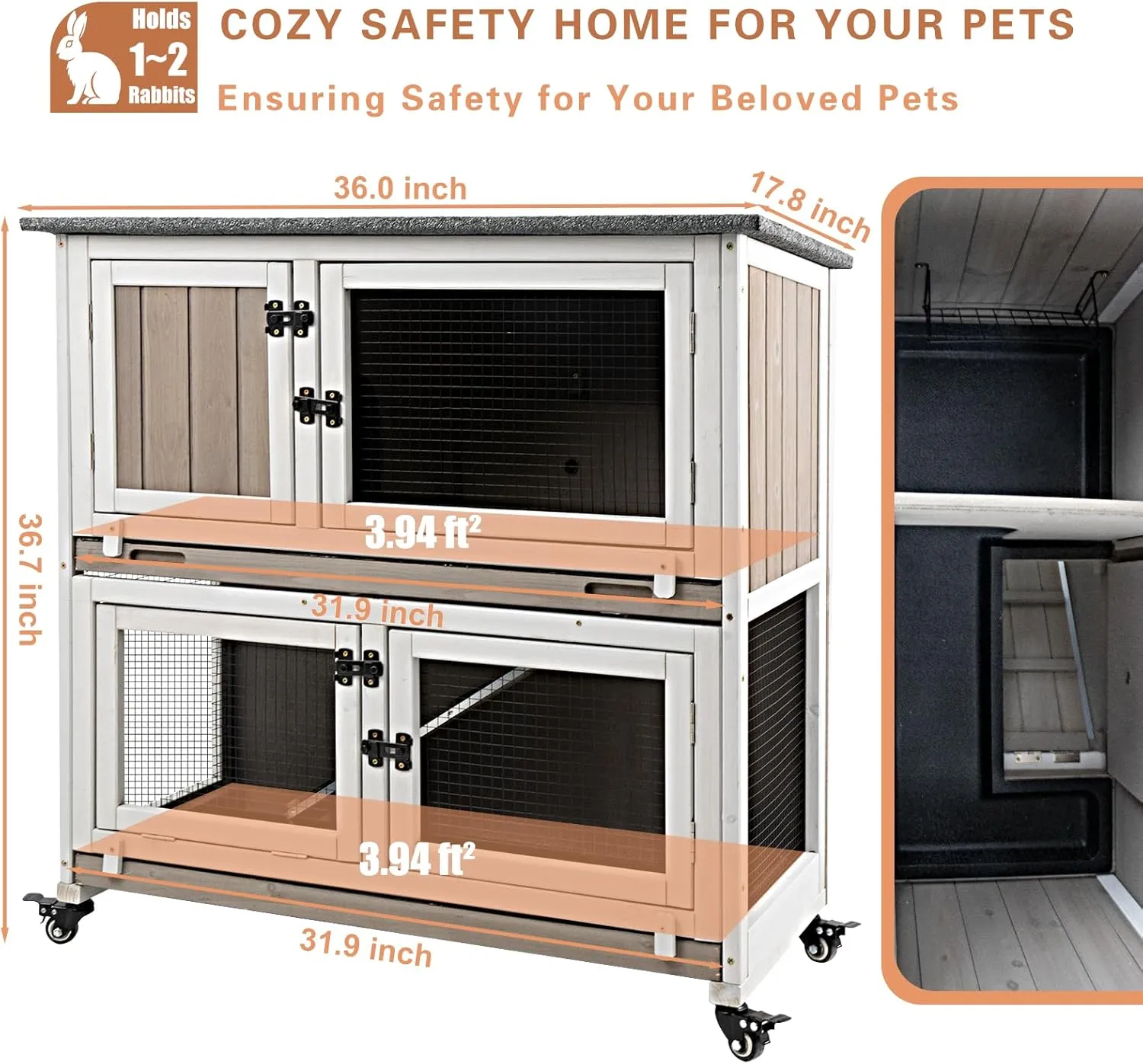 36" L Rabbit Hutch Indoor Wooden 2 Story Bunny Hutch Rabbit Cage Outdoor Bunny Cage on 4 Metal Wheels and 2 Deeper Pull Out Trays, Ramp, Guinea Pig Pet House for Small Animals, Grey