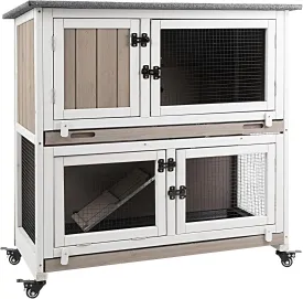 36" L Rabbit Hutch Indoor Wooden 2 Story Bunny Hutch Rabbit Cage Outdoor Bunny Cage on 4 Metal Wheels and 2 Deeper Pull Out Trays, Ramp, Guinea Pig Pet House for Small Animals, Grey