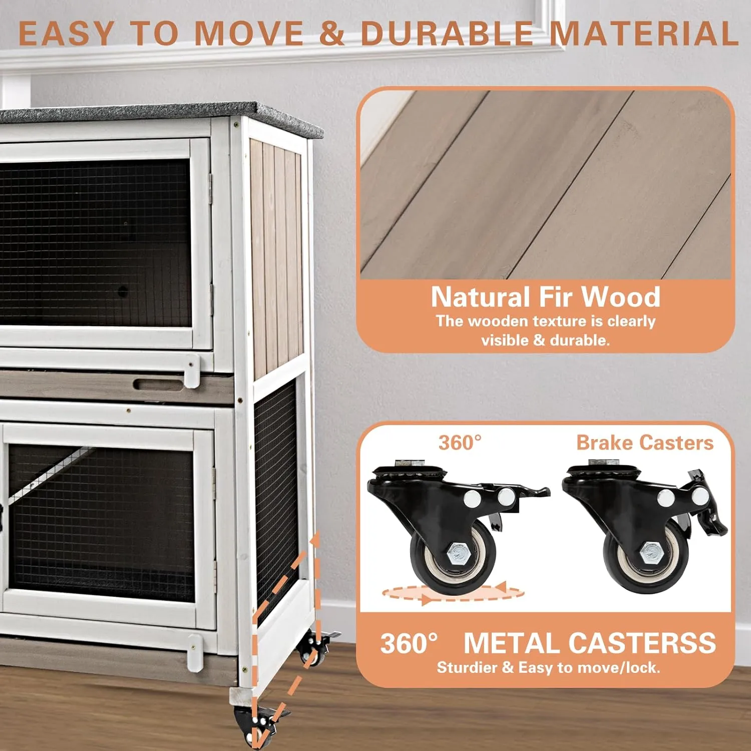 36" L Rabbit Hutch Indoor Wooden 2 Story Bunny Hutch Rabbit Cage Outdoor Bunny Cage on 4 Metal Wheels and 2 Deeper Pull Out Trays, Ramp, Guinea Pig Pet House for Small Animals, Grey