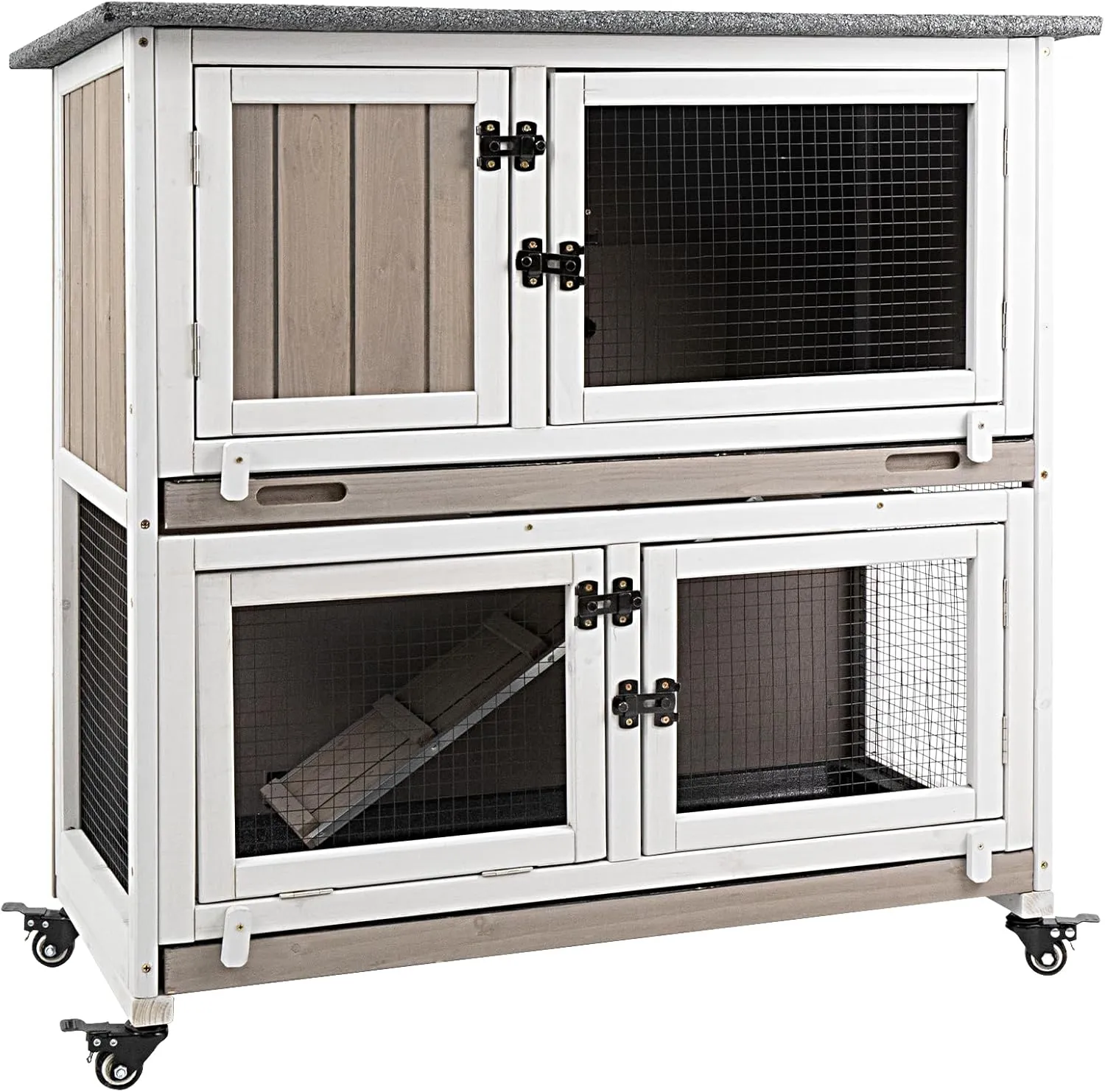36" L Rabbit Hutch Indoor Wooden 2 Story Bunny Hutch Rabbit Cage Outdoor Bunny Cage on 4 Metal Wheels and 2 Deeper Pull Out Trays, Ramp, Guinea Pig Pet House for Small Animals, Grey