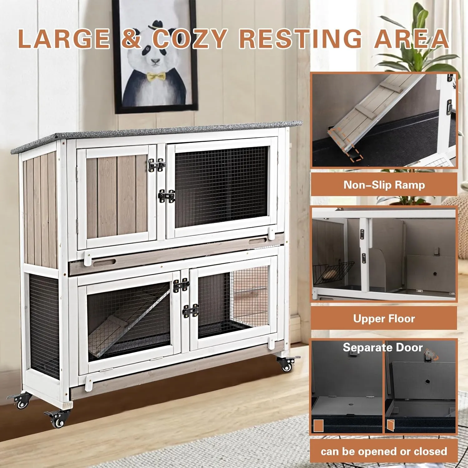 36" L Rabbit Hutch Indoor Wooden 2 Story Bunny Hutch Rabbit Cage Outdoor Bunny Cage on 4 Metal Wheels and 2 Deeper Pull Out Trays, Ramp, Guinea Pig Pet House for Small Animals, Grey
