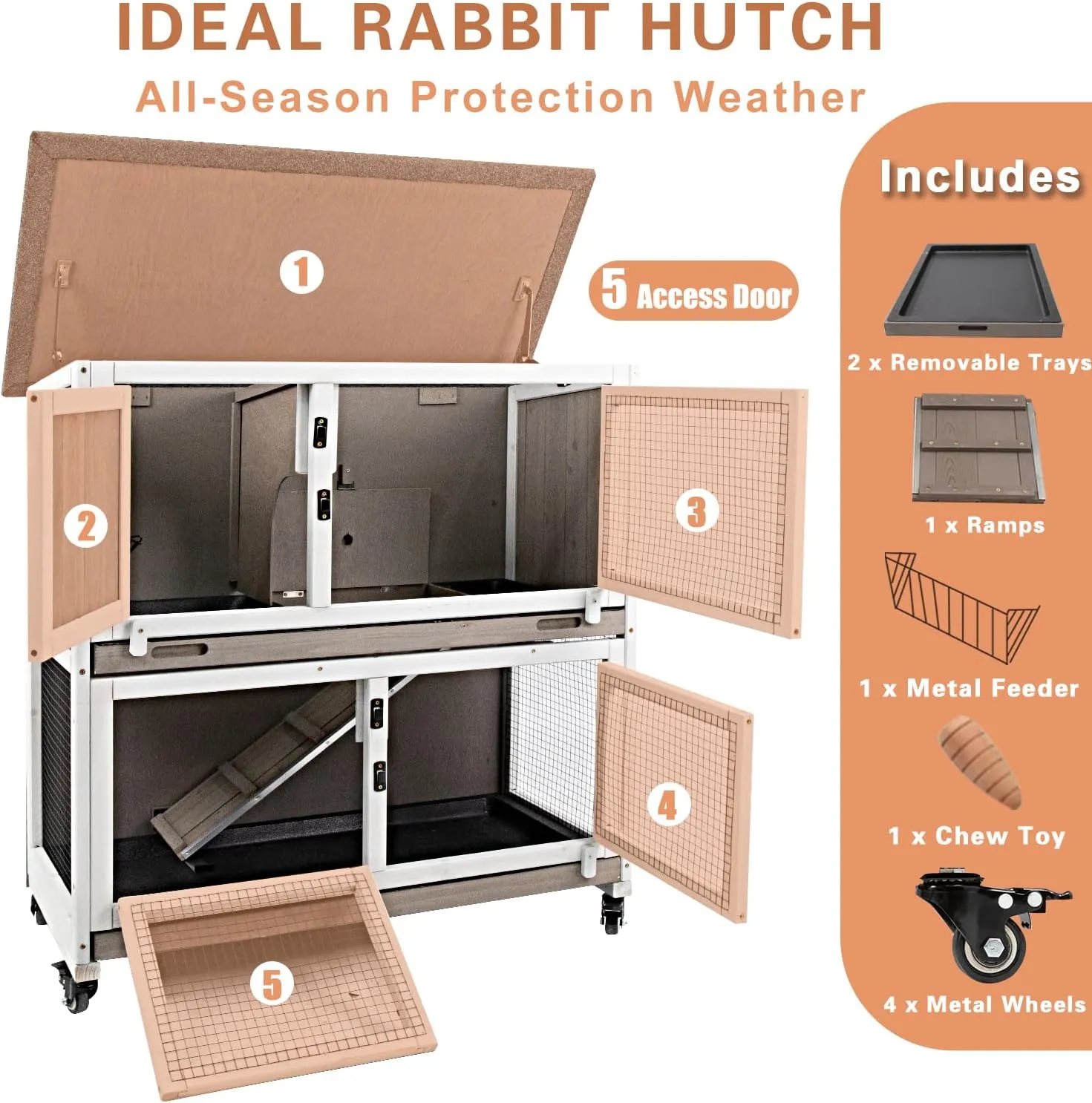 36" L Rabbit Hutch Indoor Wooden 2 Story Bunny Hutch Rabbit Cage Outdoor Bunny Cage on 4 Metal Wheels and 2 Deeper Pull Out Trays, Ramp, Guinea Pig Pet House for Small Animals, Grey