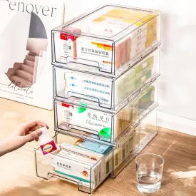 4 pack clear Drawer Plastic stackable Storage Box Bins OrganizerMedicine Container,Family First Aid Kits Medicine cabinet Box,Closet ShelfOintments, Adhesive BandagesCosmetics,Office Items