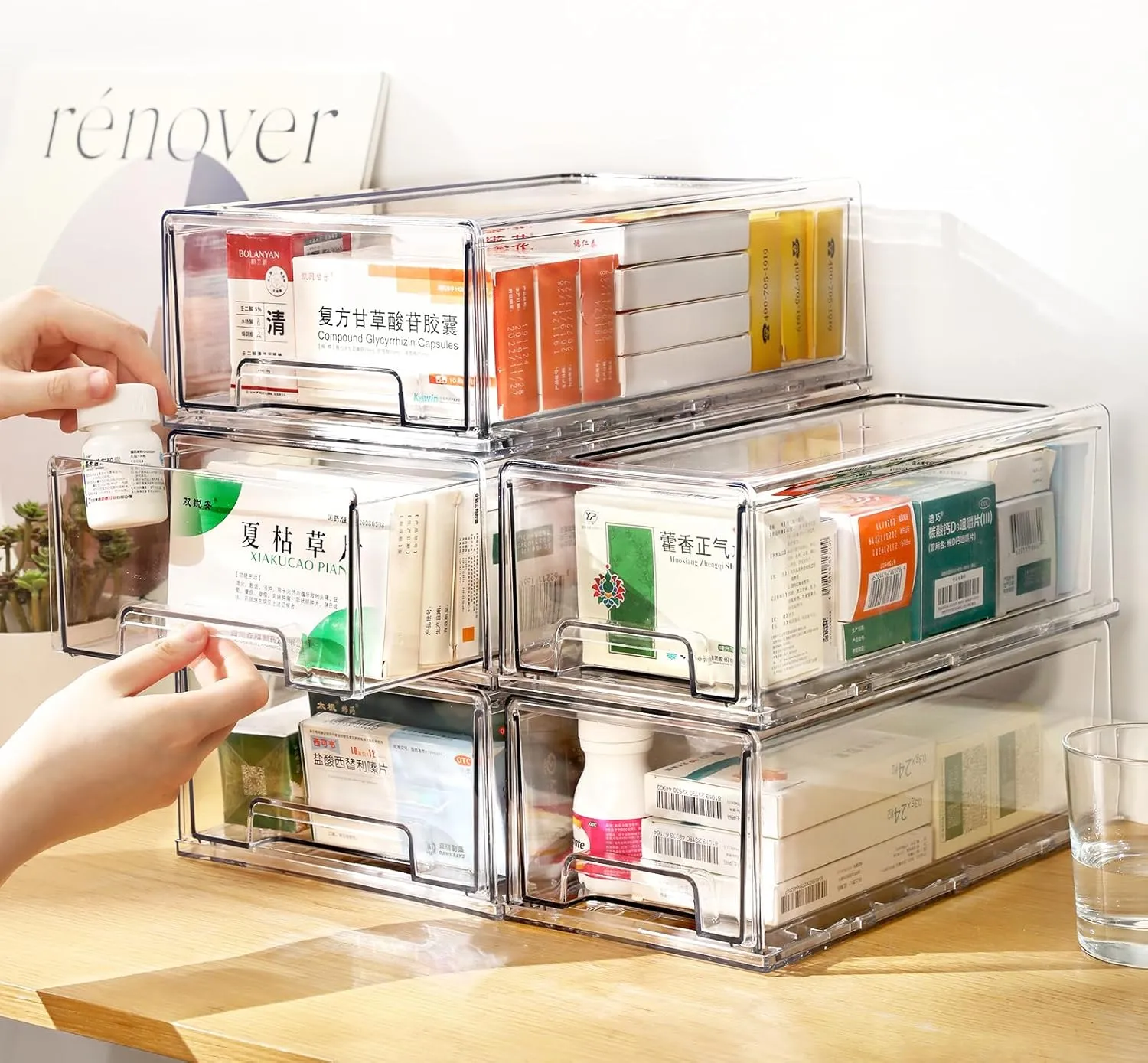 4 pack clear Drawer Plastic stackable Storage Box Bins OrganizerMedicine Container,Family First Aid Kits Medicine cabinet Box,Closet ShelfOintments, Adhesive BandagesCosmetics,Office Items