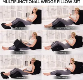 4 PCS Wedge Pillow Set for After Surgery, Memory Foam Orthopedic Bed Wedge Pillow Set, Adjustable Bed for Sleeping, Acid Reflux Relief, Post Surgery Recovery, Back Support, Leg Elevation, Black