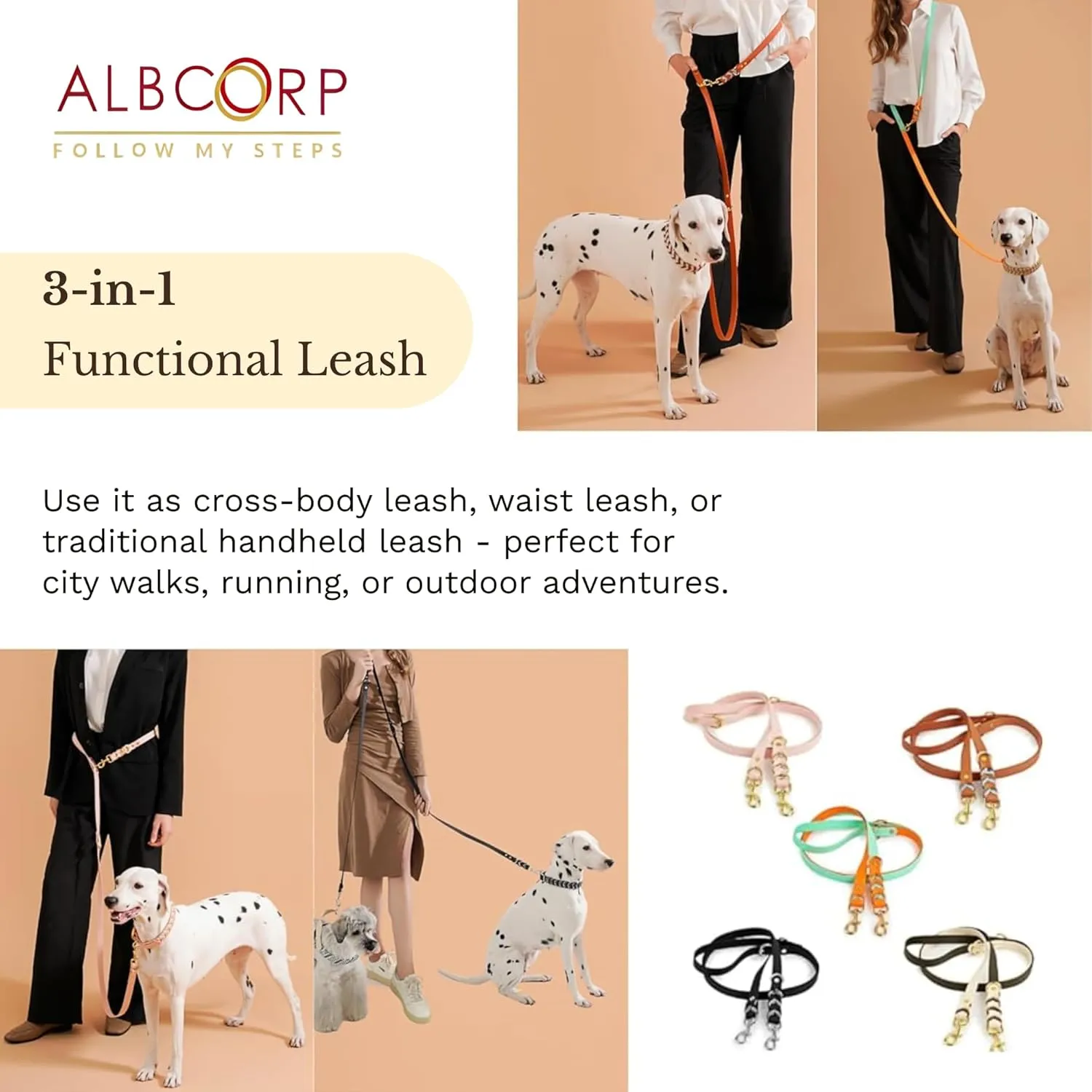 Albcorp Braided Hands-Free Dog Leash  Small & Medium Sizes, 7.2 ft Long  PVC Coated, Adjustable for Cross-Body, Waist, or Handheld Use  Waterproof, Customizable & Durable. Rose Blush, Medium