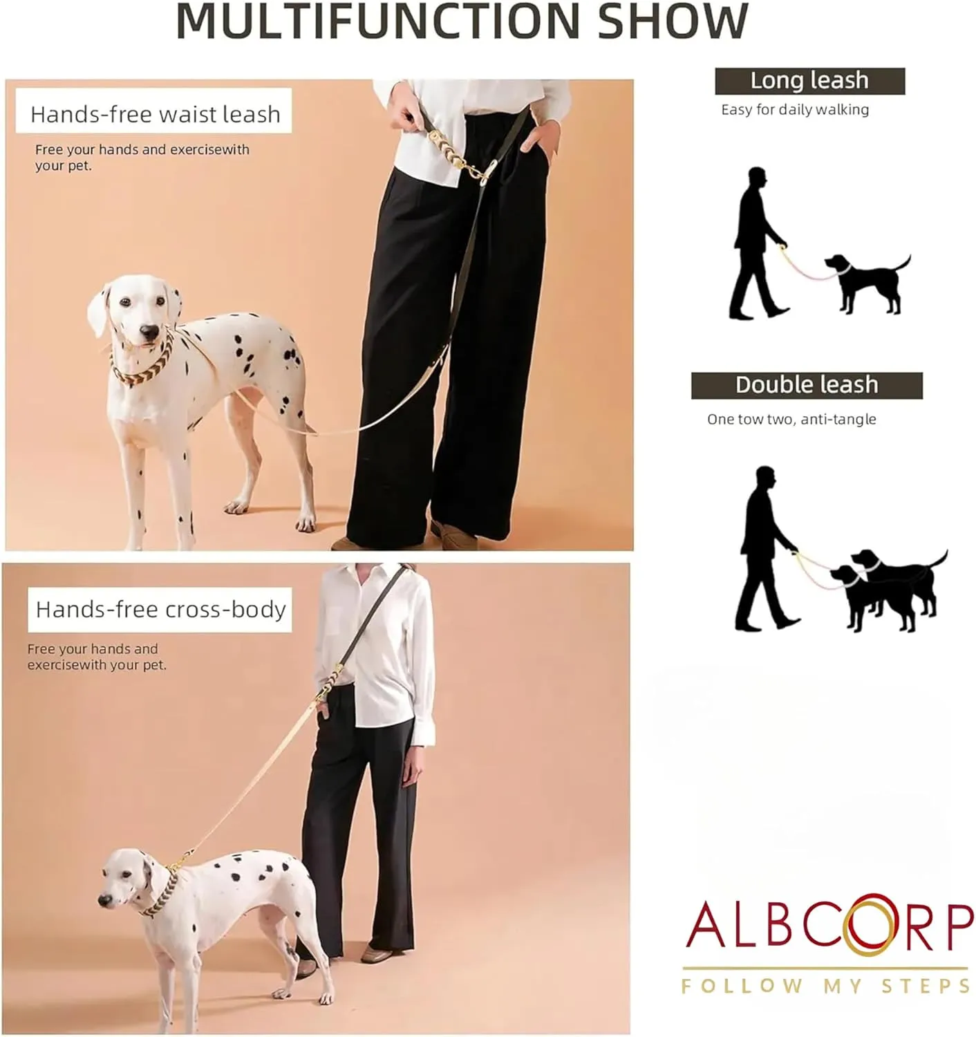 Albcorp Braided Hands-Free Dog Leash  Small & Medium Sizes, 7.2 ft Long  PVC Coated, Adjustable for Cross-Body, Waist, or Handheld Use  Waterproof, Customizable & Durable. Rose Blush, Medium
