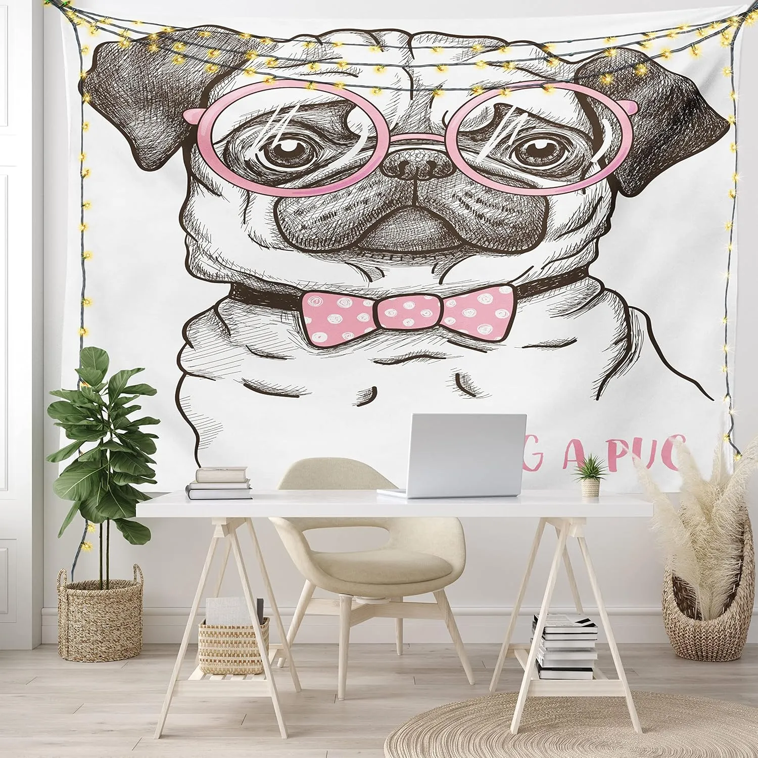 Ambesonne Pug Tapestry, Pet Dog Pastel Bow Tie Oversized Glasses Hand Drawn Domesticated, Wide Wall Hanging for Bedroom Living Room Dorm, 80" X 60", Brown Pale Pink White