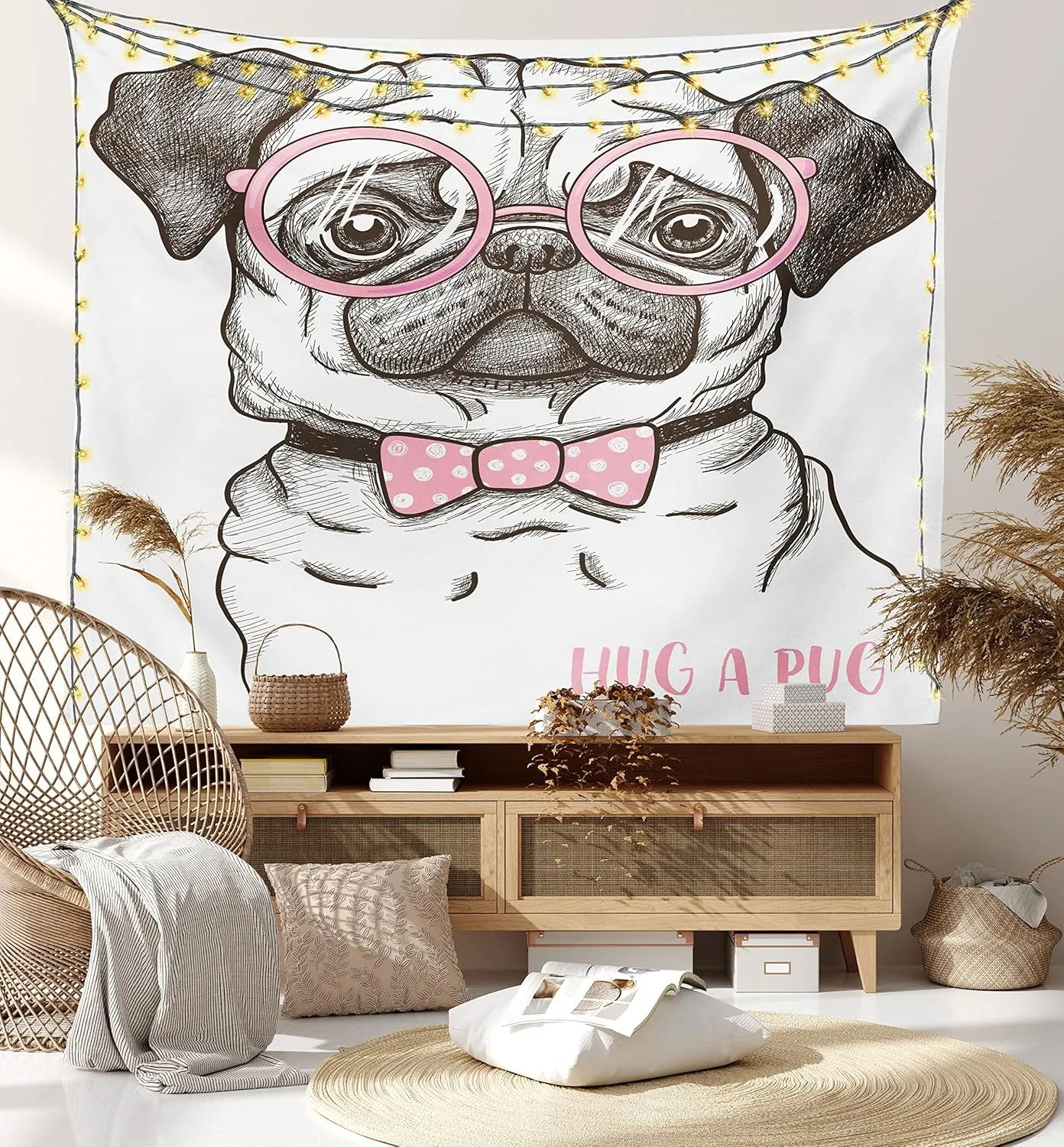 Ambesonne Pug Tapestry, Pet Dog Pastel Bow Tie Oversized Glasses Hand Drawn Domesticated, Wide Wall Hanging for Bedroom Living Room Dorm, 80" X 60", Brown Pale Pink White