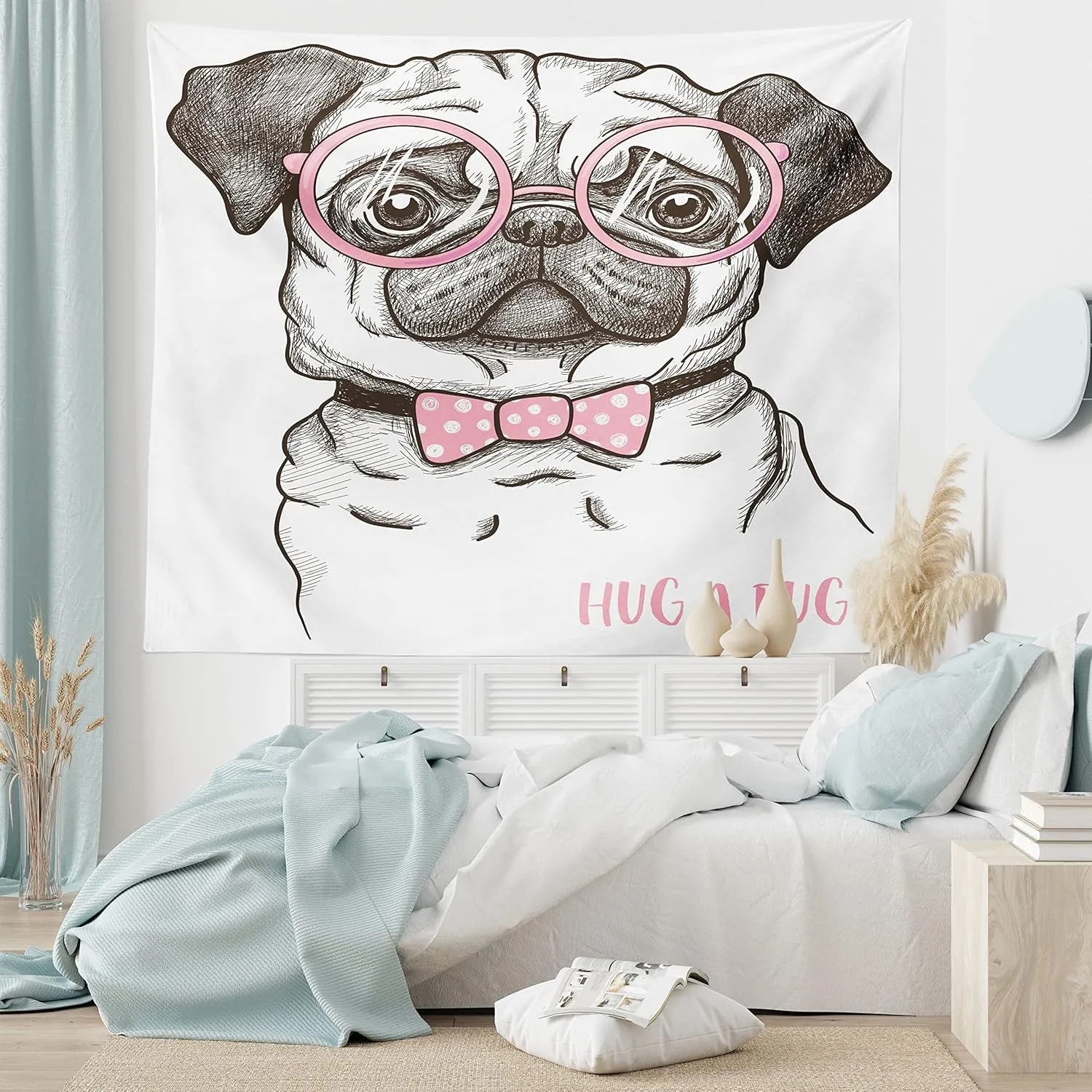 Ambesonne Pug Tapestry, Pet Dog Pastel Bow Tie Oversized Glasses Hand Drawn Domesticated, Wide Wall Hanging for Bedroom Living Room Dorm, 80" X 60", Brown Pale Pink White
