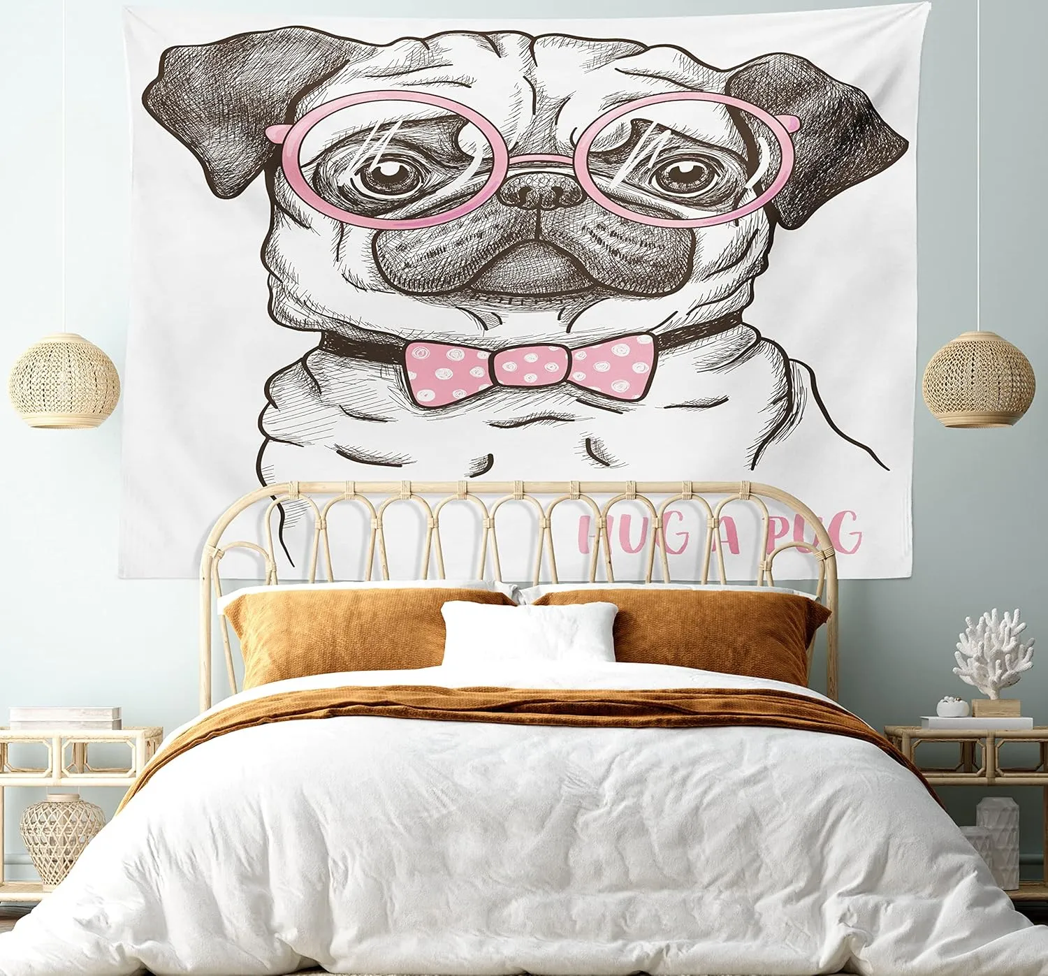Ambesonne Pug Tapestry, Pet Dog Pastel Bow Tie Oversized Glasses Hand Drawn Domesticated, Wide Wall Hanging for Bedroom Living Room Dorm, 80" X 60", Brown Pale Pink White