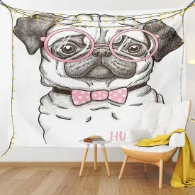Ambesonne Pug Tapestry, Pet Dog Pastel Bow Tie Oversized Glasses Hand Drawn Domesticated, Wide Wall Hanging for Bedroom Living Room Dorm, 80" X 60", Brown Pale Pink White