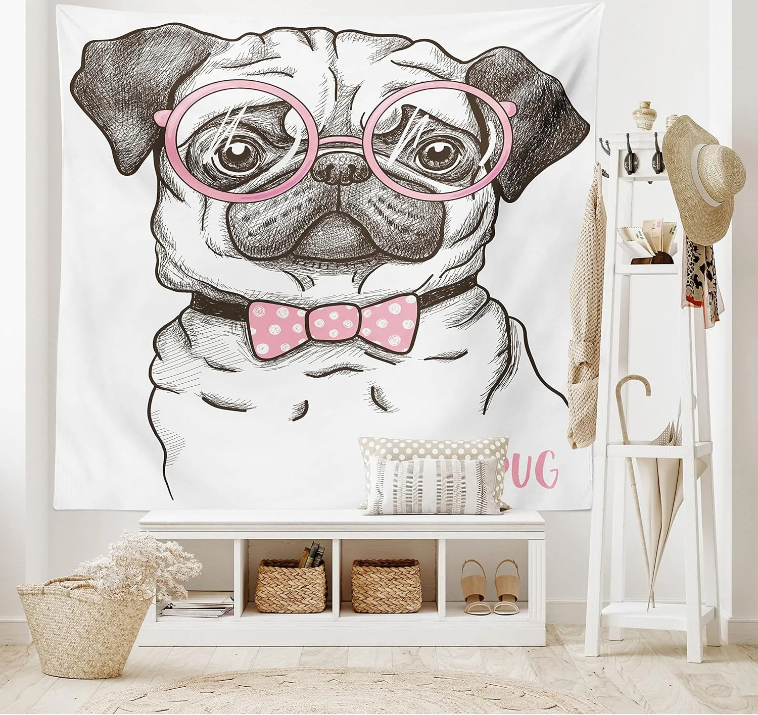 Ambesonne Pug Tapestry, Pet Dog Pastel Bow Tie Oversized Glasses Hand Drawn Domesticated, Wide Wall Hanging for Bedroom Living Room Dorm, 80" X 60", Brown Pale Pink White