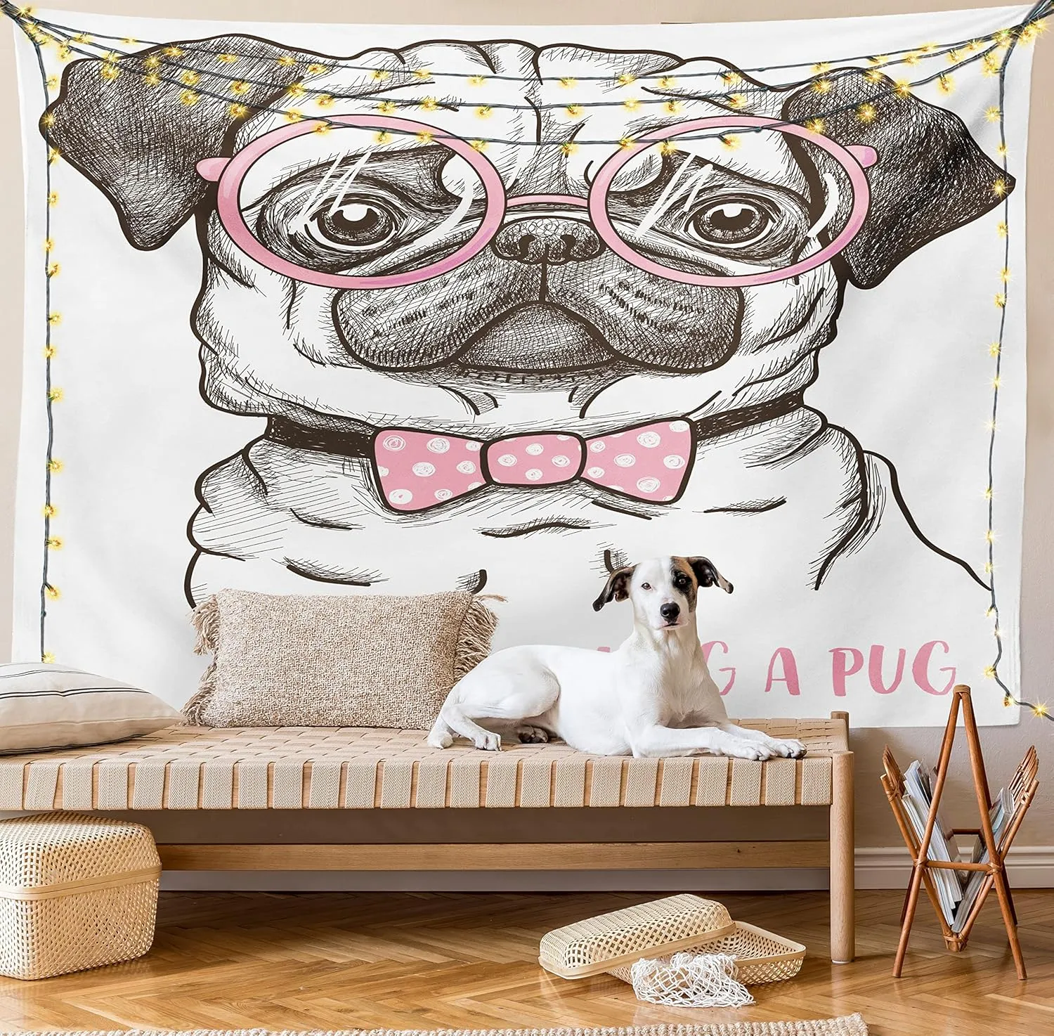 Ambesonne Pug Tapestry, Pet Dog Pastel Bow Tie Oversized Glasses Hand Drawn Domesticated, Wide Wall Hanging for Bedroom Living Room Dorm, 80" X 60", Brown Pale Pink White
