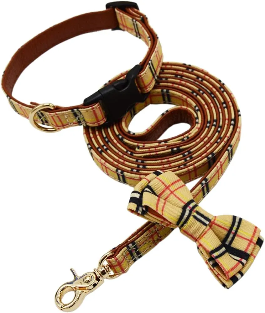 Bowtie Dog Collar and Leash Set Classic Plaid Adjustable Dogs Collar with Removable Bow Tie for Small Medium Large Dogs Small