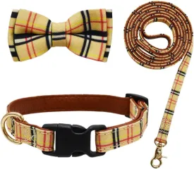 Bowtie Dog Collar and Leash Set Classic Plaid Adjustable Dogs Collar with Removable Bow Tie for Small Medium Large Dogs Small