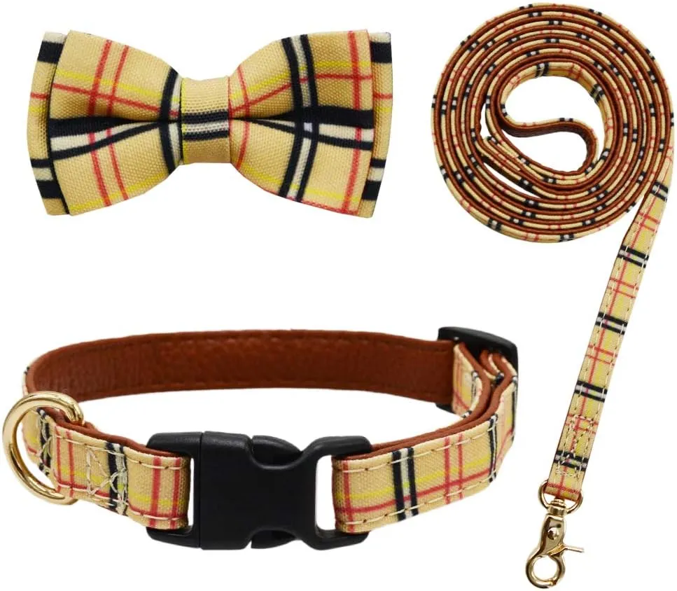 Bowtie Dog Collar and Leash Set Classic Plaid Adjustable Dogs Collar with Removable Bow Tie for Small Medium Large Dogs Small