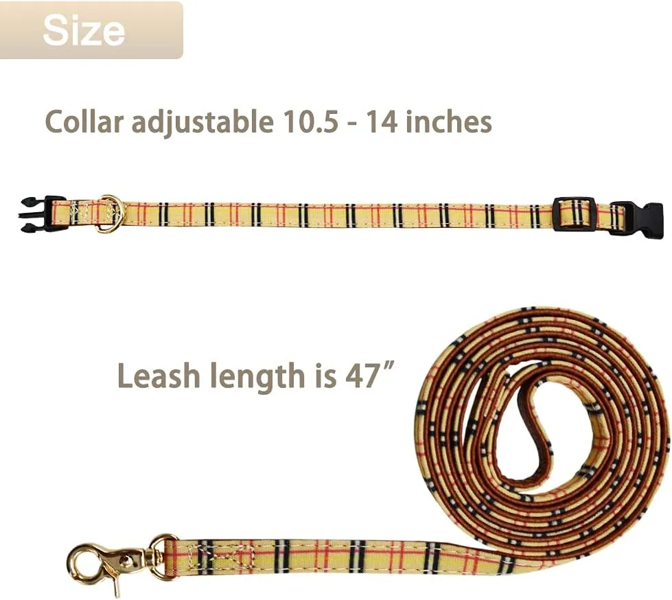 Bowtie Dog Collar and Leash Set Classic Plaid Adjustable Dogs Collar with Removable Bow Tie for Small Medium Large Dogs Small