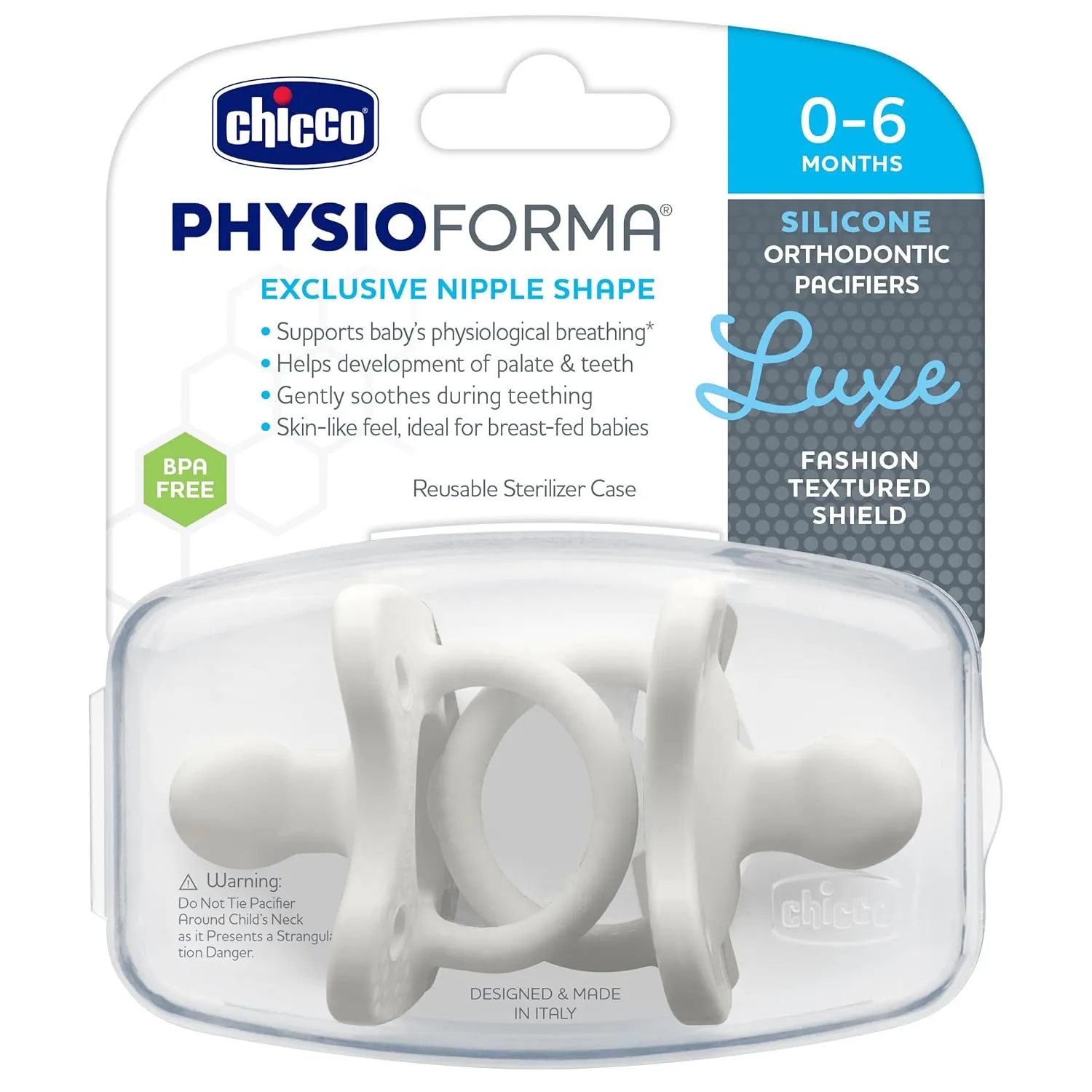Chicco PhysioForma Luxe Silicone One Piece Pacifier for Babies Aged 0-6m | Fashion Textured Shield | BPA & Latex Free| Reusable Sterilizing Case| Pearl Grey, 2pk