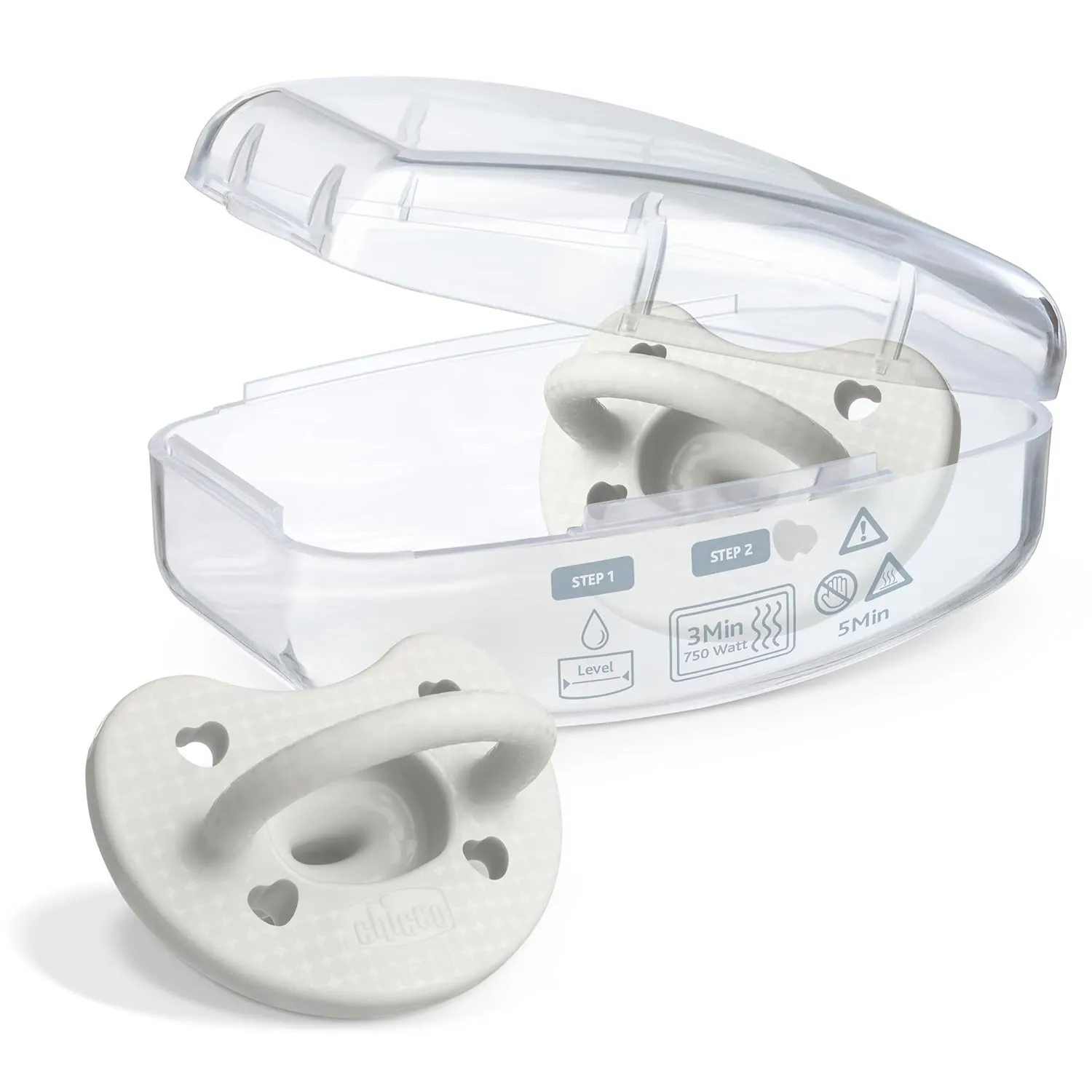 Chicco PhysioForma Luxe Silicone One Piece Pacifier for Babies Aged 0-6m | Fashion Textured Shield | BPA & Latex Free| Reusable Sterilizing Case| Pearl Grey, 2pk