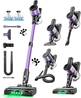 Cordless Vacuum Cleaner, 10 in 1 Stick Vacuum with Powerful Suction, Hose, Green LED Light, Anti-Tangle Brush, Lightweight Rechargeable Vacuum Cleaner for Home, Hardwood Floors, Carpets, Pet Hair