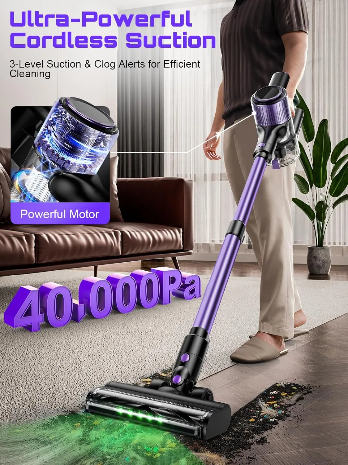 Cordless Vacuum Cleaner, 10 in 1 Stick Vacuum with Powerful Suction, Hose, Green LED Light, Anti-Tangle Brush, Lightweight Rechargeable Vacuum Cleaner for Home, Hardwood Floors, Carpets, Pet Hair