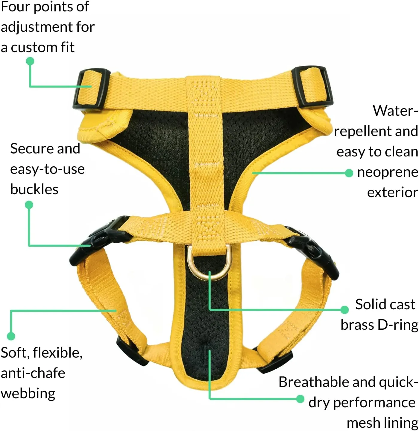 DJANGO Adventure Dog Harness - Stylish Small Dog Harness for Outdoor Adventures and Everyday Wear - Dandelion Yellow Neoprene Adjustable Harness for Dogs with Reflective Piping and Solid Brass D-Ring