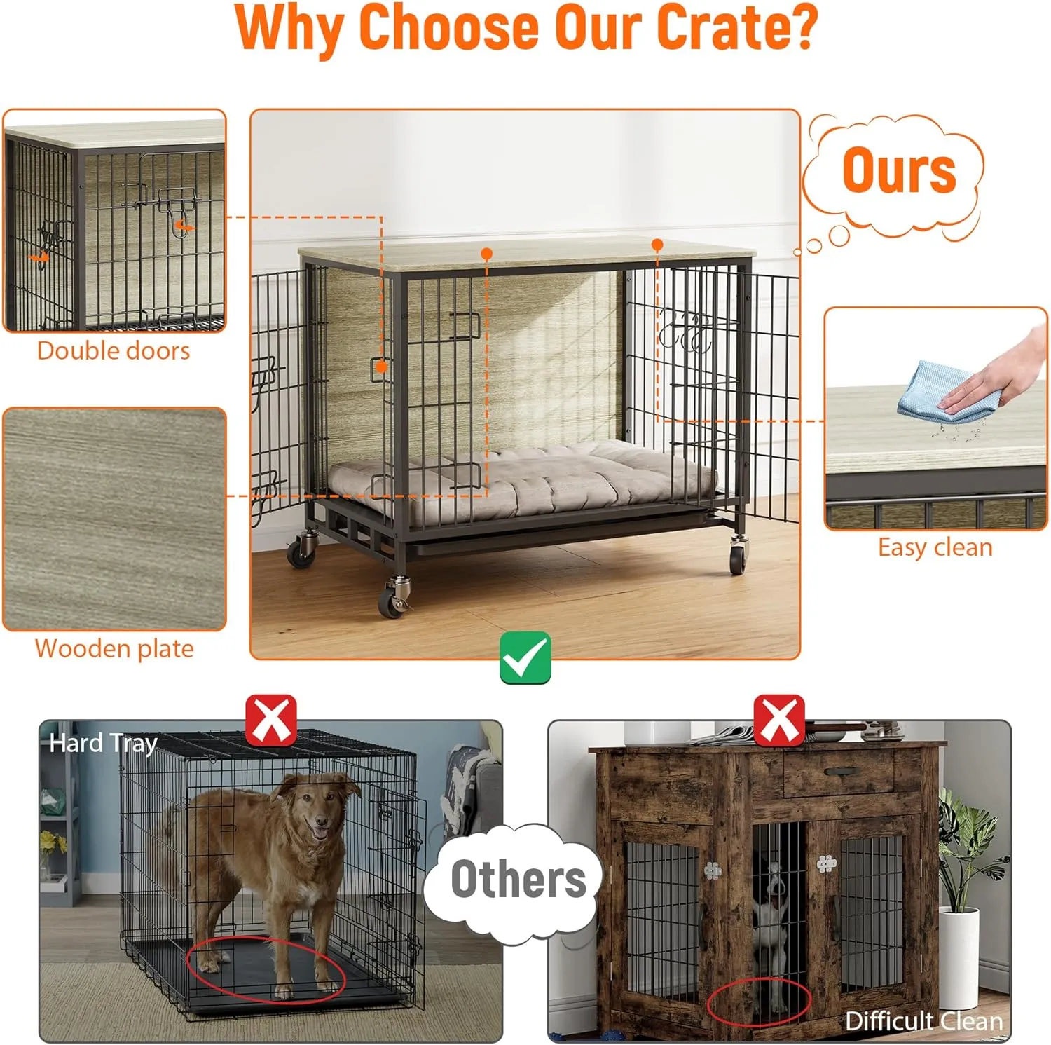 Dog Crate Furniture, 32.5" Double-Door Dog House with Removable Wheels, Heavy-Duty Wooden Kennel & Pull-Out Tray, Rustic Brown Side Table for Medium Dogs, Grey
