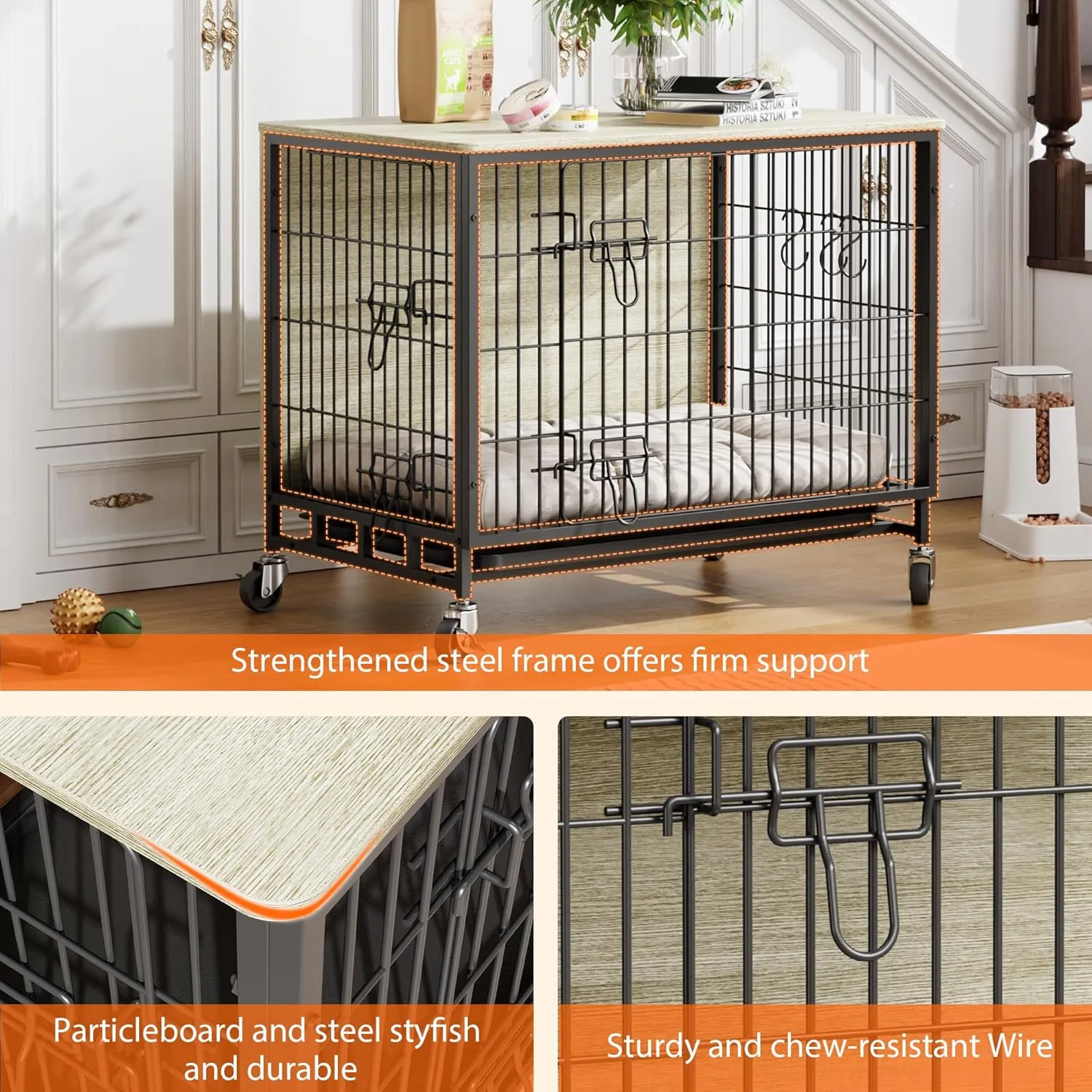 Dog Crate Furniture, 32.5" Double-Door Dog House with Removable Wheels, Heavy-Duty Wooden Kennel & Pull-Out Tray, Rustic Brown Side Table for Medium Dogs, Grey