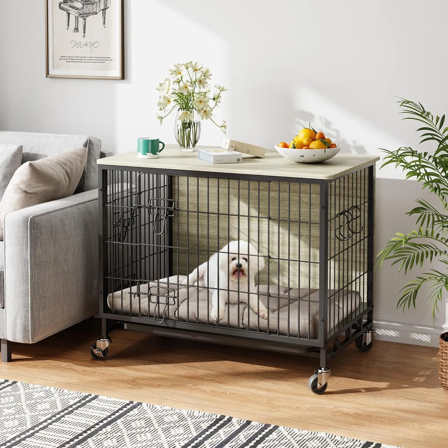 Dog Crate Furniture, 32.5" Double-Door Dog House with Removable Wheels, Heavy-Duty Wooden Kennel & Pull-Out Tray, Rustic Brown Side Table for Medium Dogs, Grey