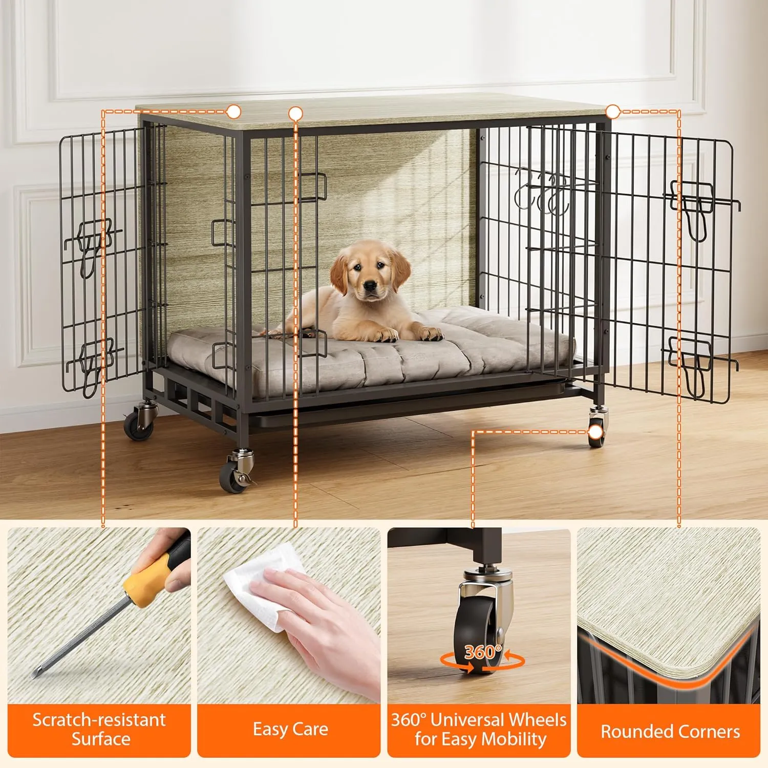Dog Crate Furniture, 32.5" Double-Door Dog House with Removable Wheels, Heavy-Duty Wooden Kennel & Pull-Out Tray, Rustic Brown Side Table for Medium Dogs, Grey