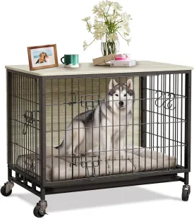 Dog Crate Furniture, 32.5" Double-Door Dog House with Removable Wheels, Heavy-Duty Wooden Kennel & Pull-Out Tray, Rustic Brown Side Table for Medium Dogs, Grey