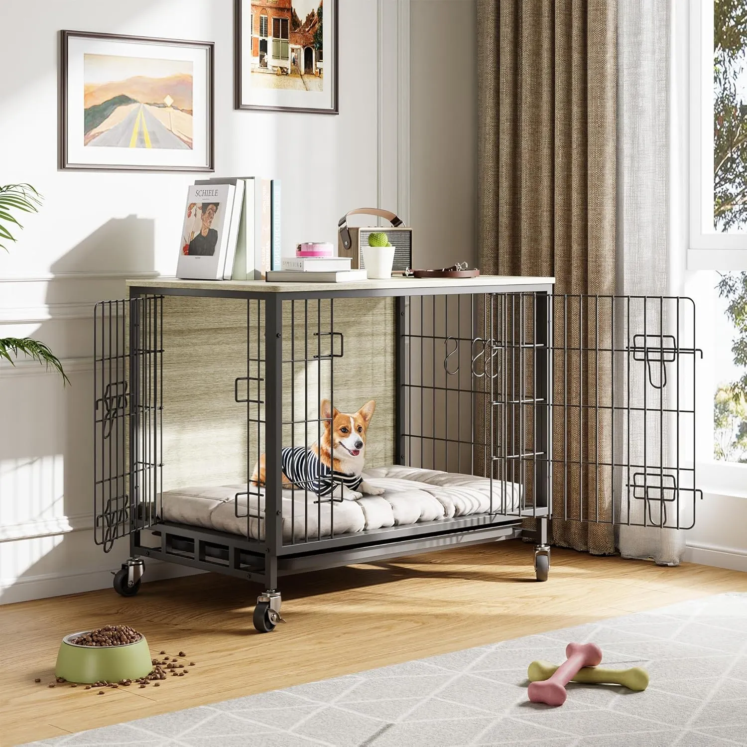 Dog Crate Furniture, 32.5" Double-Door Dog House with Removable Wheels, Heavy-Duty Wooden Kennel & Pull-Out Tray, Rustic Brown Side Table for Medium Dogs, Grey
