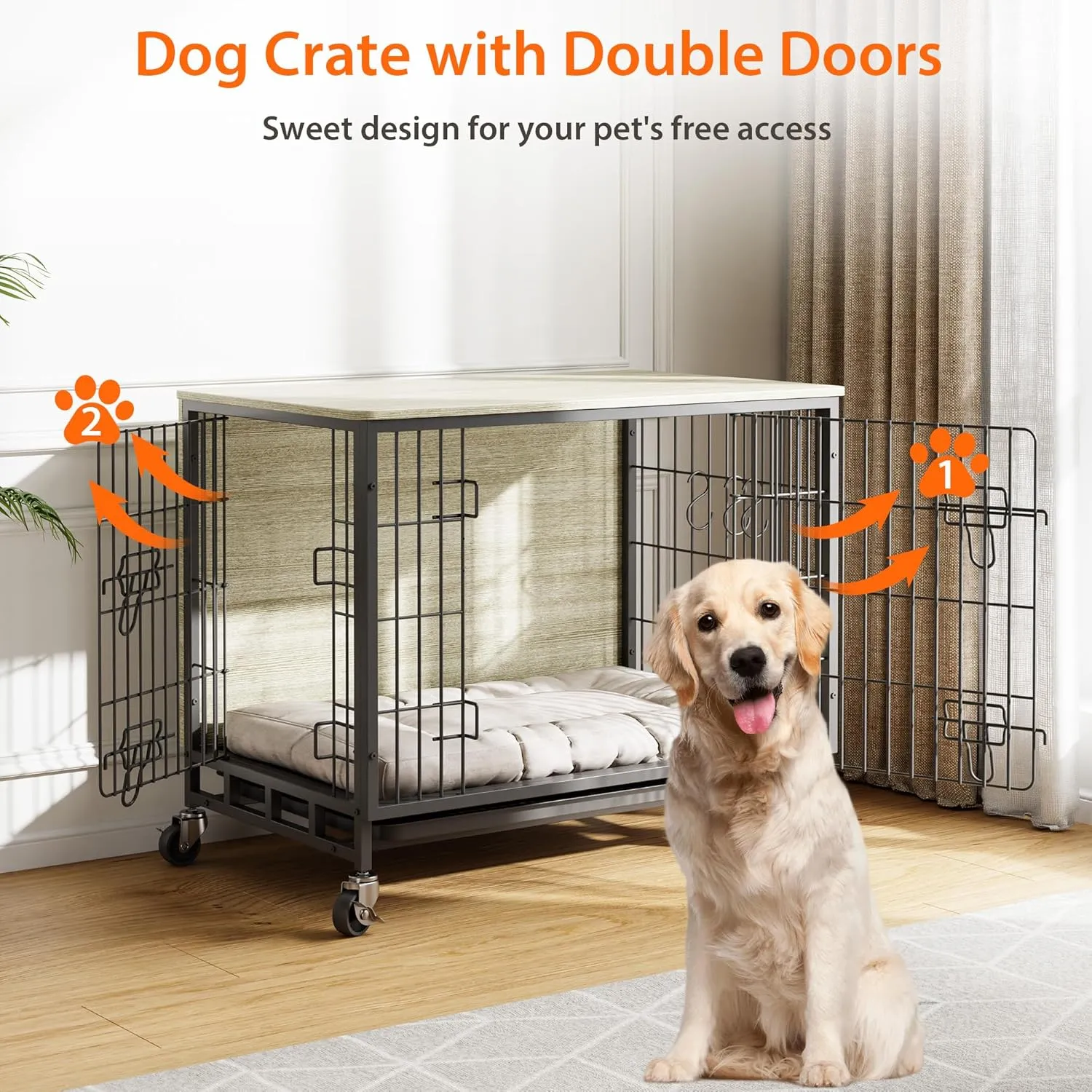 Dog Crate Furniture, 32.5" Double-Door Dog House with Removable Wheels, Heavy-Duty Wooden Kennel & Pull-Out Tray, Rustic Brown Side Table for Medium Dogs, Grey