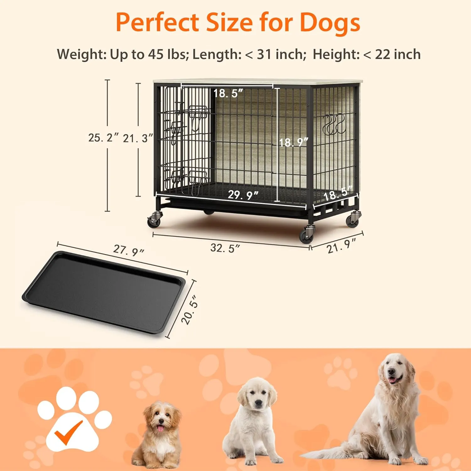 Dog Crate Furniture, 32.5" Double-Door Dog House with Removable Wheels, Heavy-Duty Wooden Kennel & Pull-Out Tray, Rustic Brown Side Table for Medium Dogs, Grey