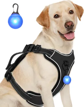 Dog Harness Black No Pull Y Shaped for Medium Sized Dog, Small to Large Dogs Reflective Adjustable Easy Walk Puppy Harnesses,Heavy Duty Girl Boy Pet Vest 3 Buckle with Handle & Light,L