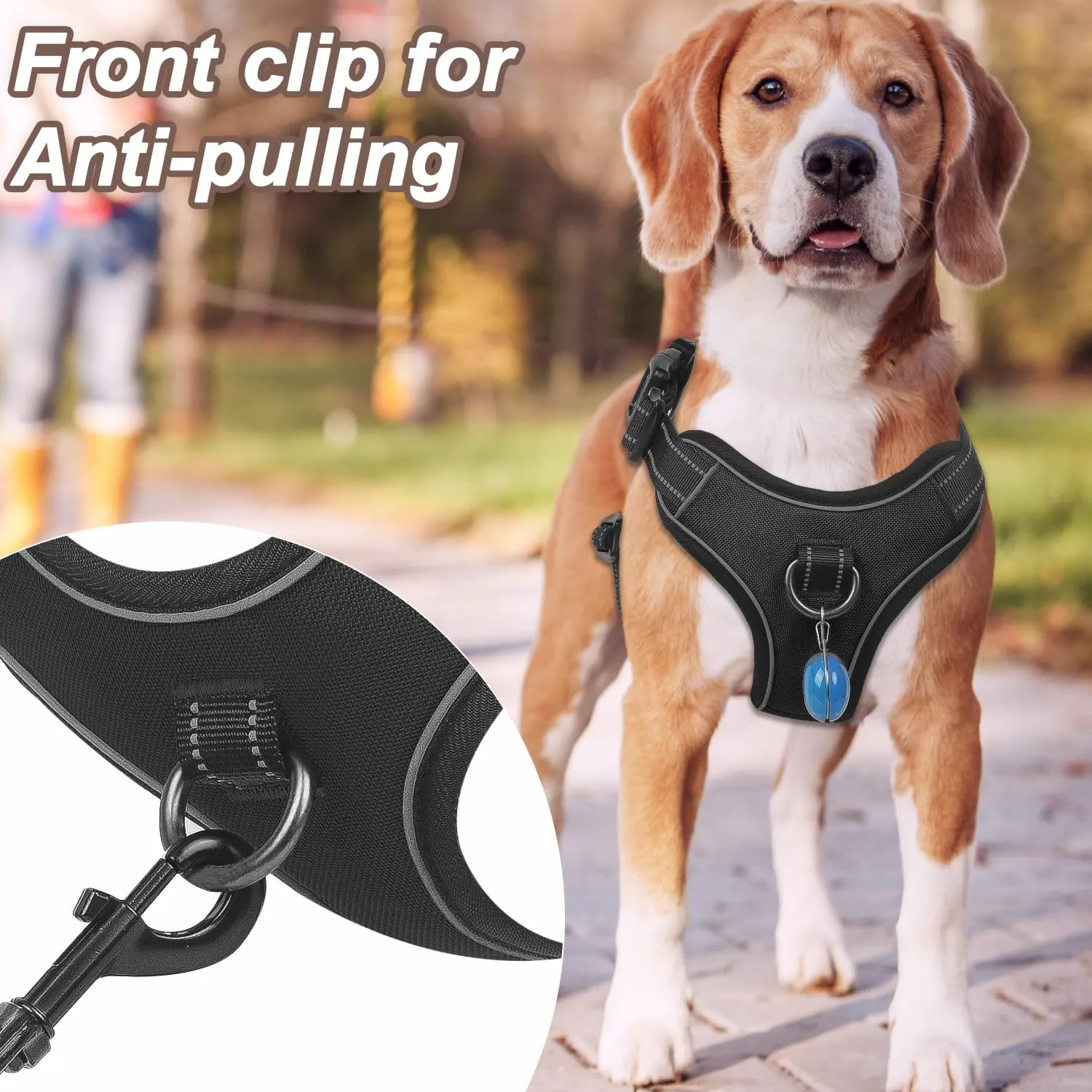 Dog Harness Black No Pull Y Shaped for Medium Sized Dog, Small to Large Dogs Reflective Adjustable Easy Walk Puppy Harnesses,Heavy Duty Girl Boy Pet Vest 3 Buckle with Handle & Light,L