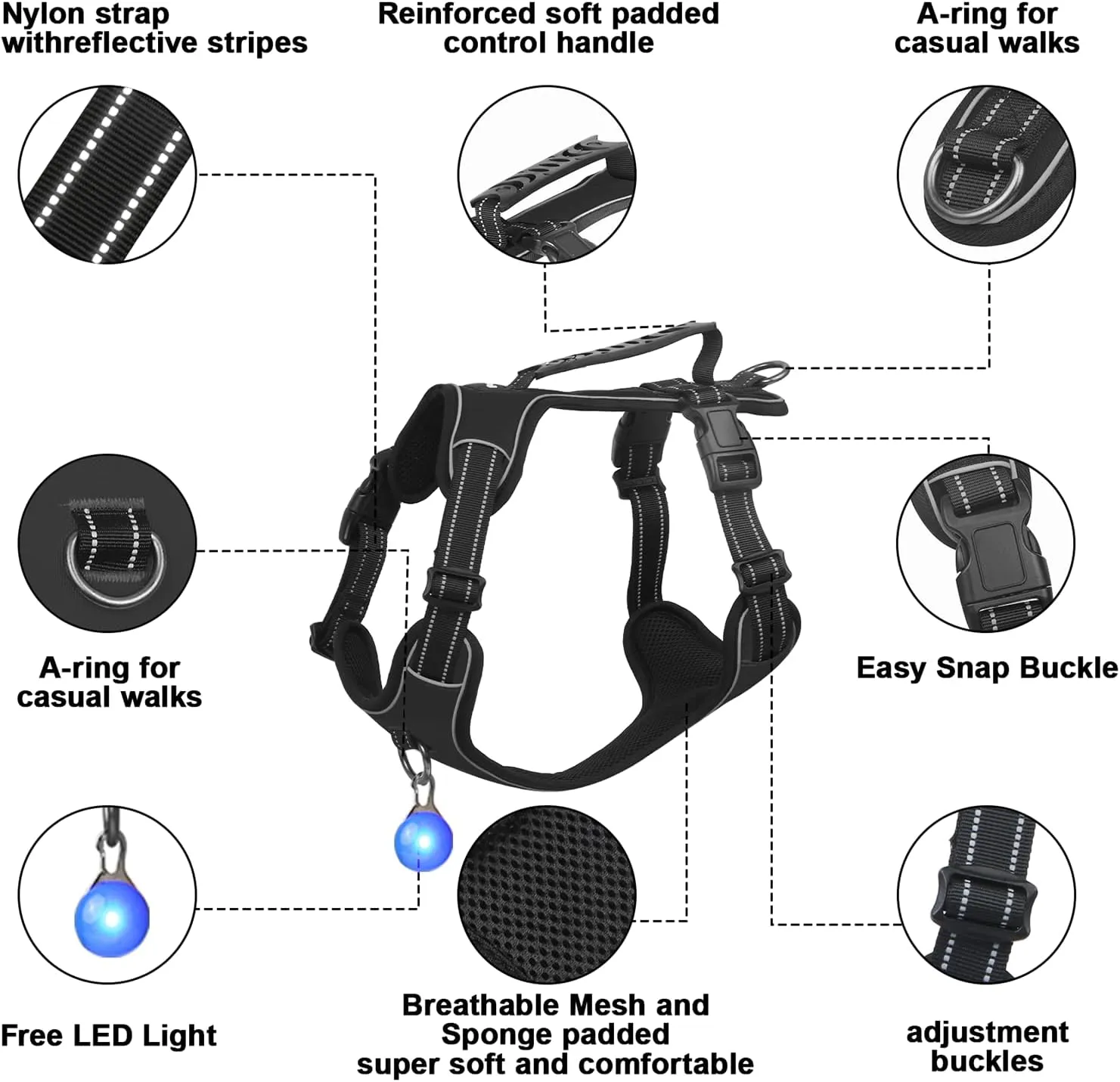 Dog Harness Black No Pull Y Shaped for Medium Sized Dog, Small to Large Dogs Reflective Adjustable Easy Walk Puppy Harnesses,Heavy Duty Girl Boy Pet Vest 3 Buckle with Handle & Light,L