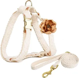 Dog Harness Set Easy Walk No Pull Dog Harness with Handle Girl Leash and Harness for Medium Dogs with Bow & Metal Clasp Adjustable Lace Dog Vest Harness for No Choke Escape Proof Pet Outfit (White,M)