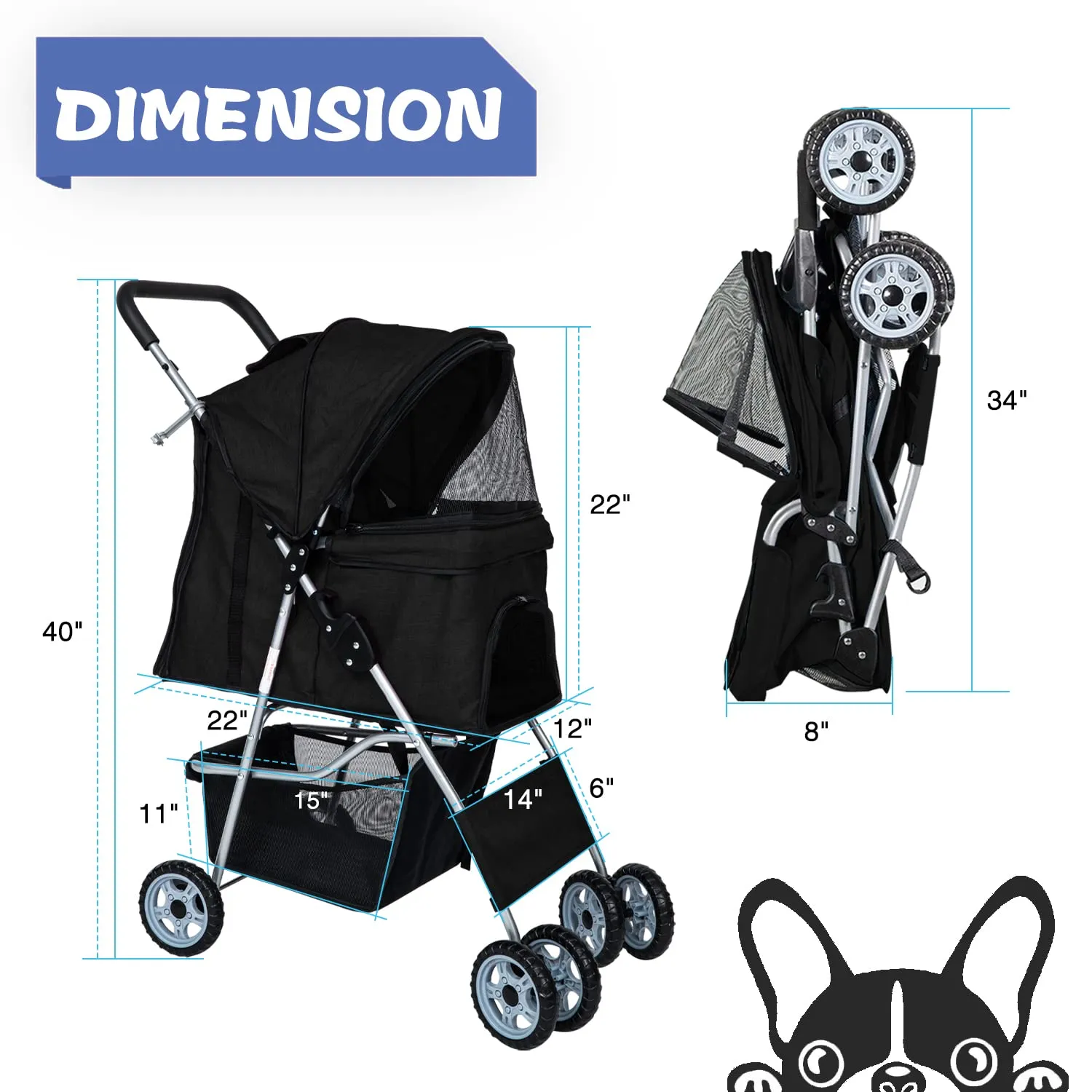 Dog Stroller for Small Dogs,Pet Stroller Strolling Cart 4 Wheels Folding Pet Gear Lightweight Waterproof with Storage Basket for Puppy Small Medium Dogs Cats for Travel,Black