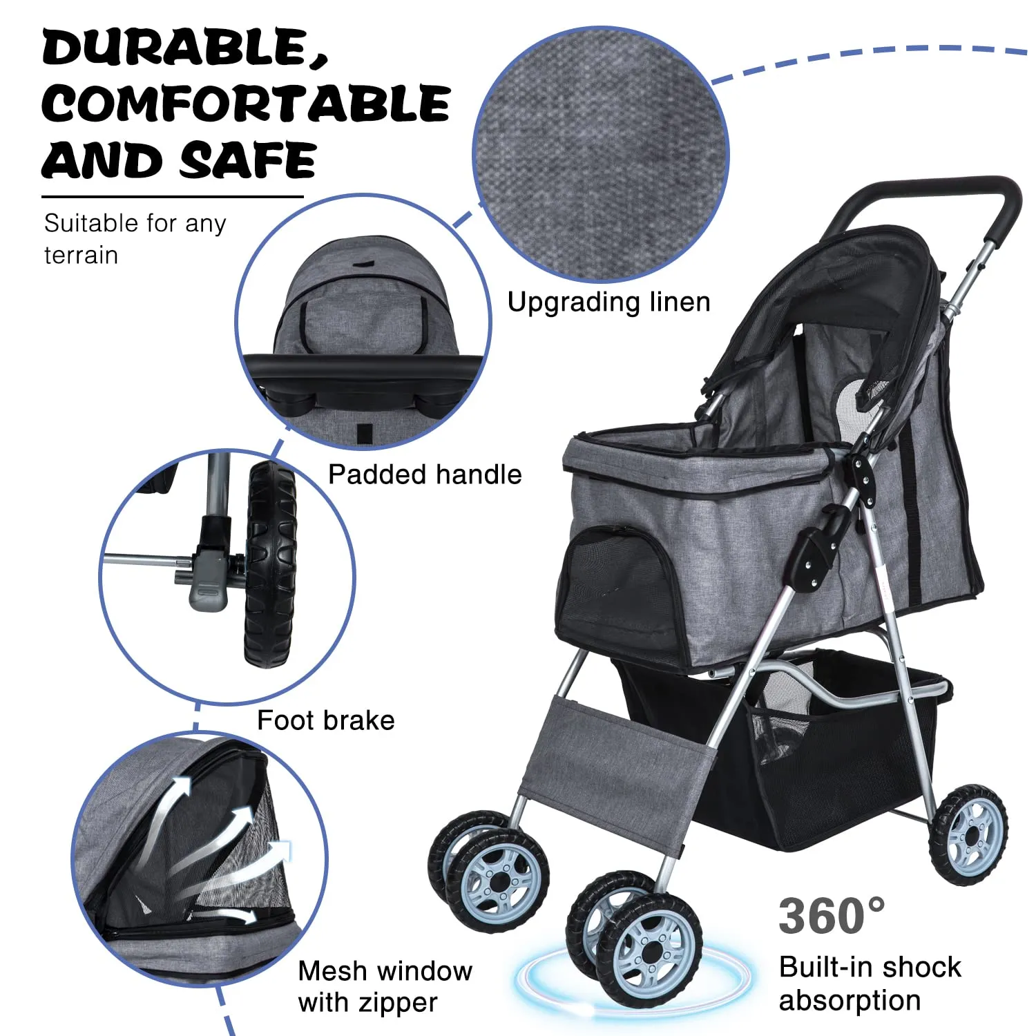 Dog Stroller for Small Dogs,Pet Stroller Strolling Cart 4 Wheels Folding Pet Gear Lightweight Waterproof with Storage Basket for Puppy Small Medium Dogs Cats for Travel,Grey