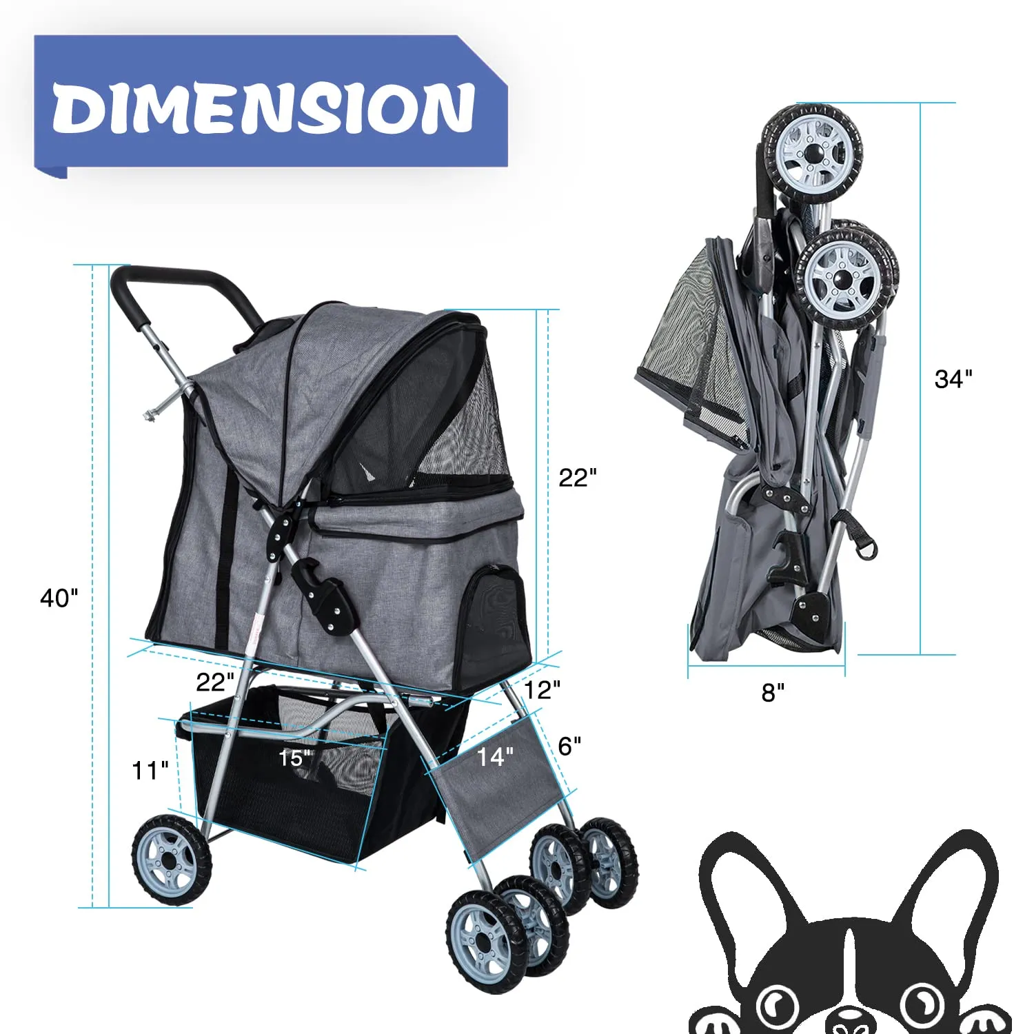 Dog Stroller for Small Dogs,Pet Stroller Strolling Cart 4 Wheels Folding Pet Gear Lightweight Waterproof with Storage Basket for Puppy Small Medium Dogs Cats for Travel,Grey