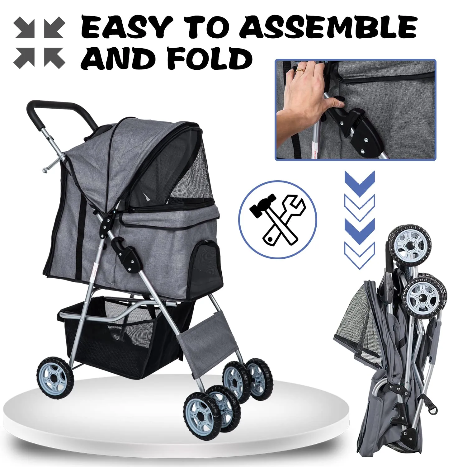 Dog Stroller for Small Dogs,Pet Stroller Strolling Cart 4 Wheels Folding Pet Gear Lightweight Waterproof with Storage Basket for Puppy Small Medium Dogs Cats for Travel,Grey