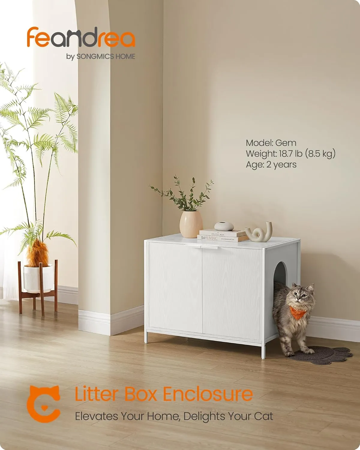 Feandrea Litter Box Enclosure, Modern Cat Litter Box Furniture Hidden, with Handles, Magnetic Locks, Cat House, Side End Table, 28.5 x 19.5 x 23 Inches, Snow White UPCL011W01