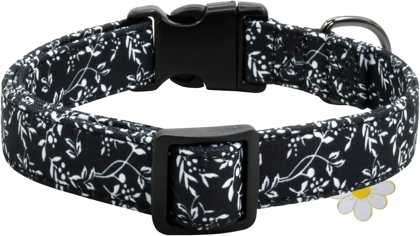 Flower Patterns Dog Collar with Accessories, Soft Cotton Dog Collars for Small Medium Large Female and Male Dogs(White Flower L)
